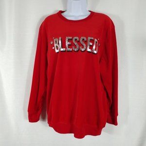 No Boundaries Red Distressed Silver 'BLESSED' Long Sleeve Crew Neck Sweatshirt M